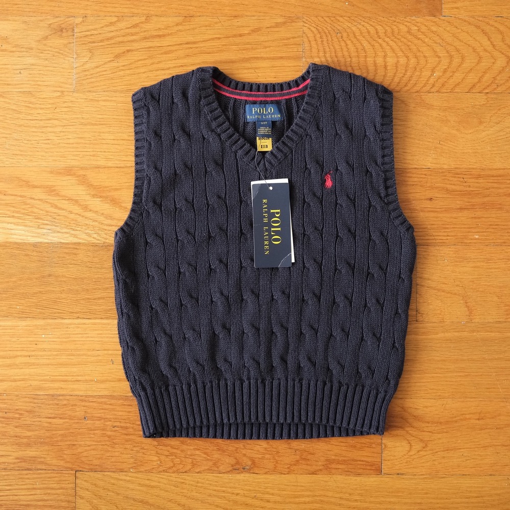 Polo Ralph Lauren Sweater Vest Kids Navy‎ Blue Cable Knit Preppy 3T NWT